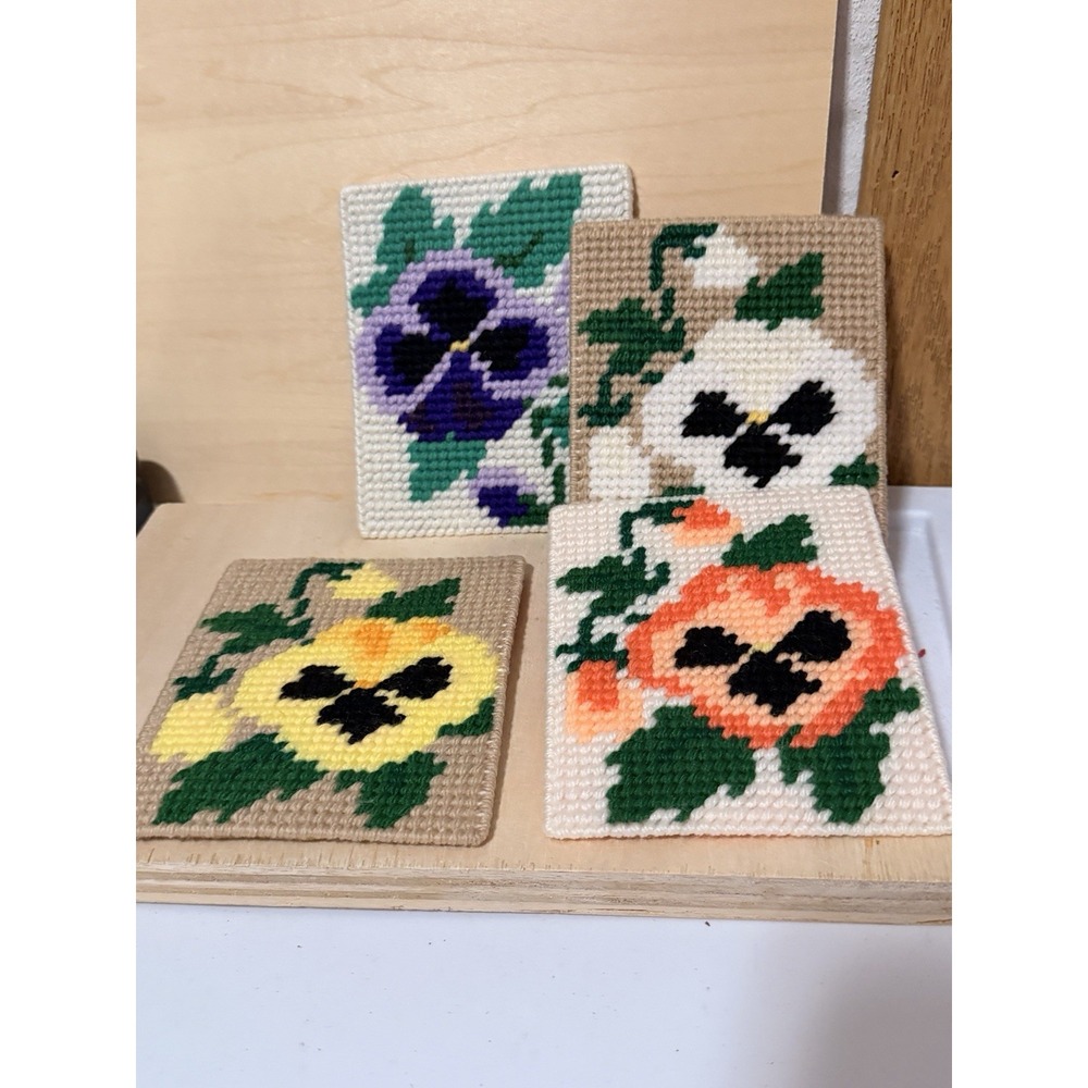 Flower Vintage Coasters (4) Needle Point 4.5x5in